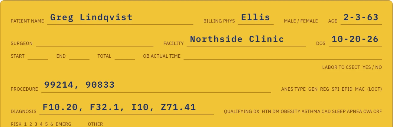 A yellow card filled in for one made-up patient: procedure codes 99214 and 90833, and four diagnosis codes.