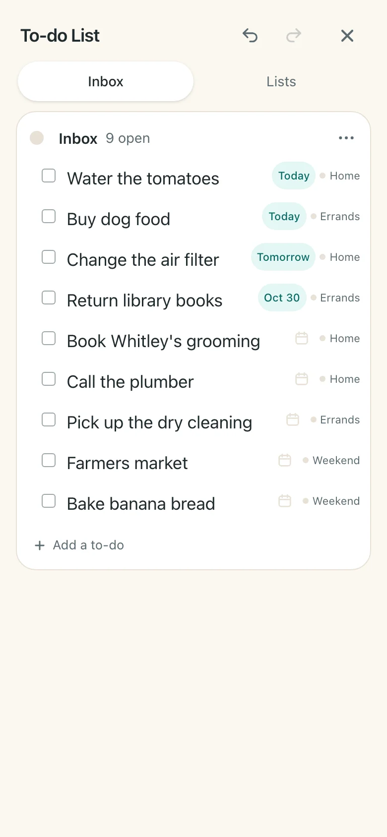 tly's Inbox: to-dos gathered from Home, Errands and Weekend lists, with due dates.