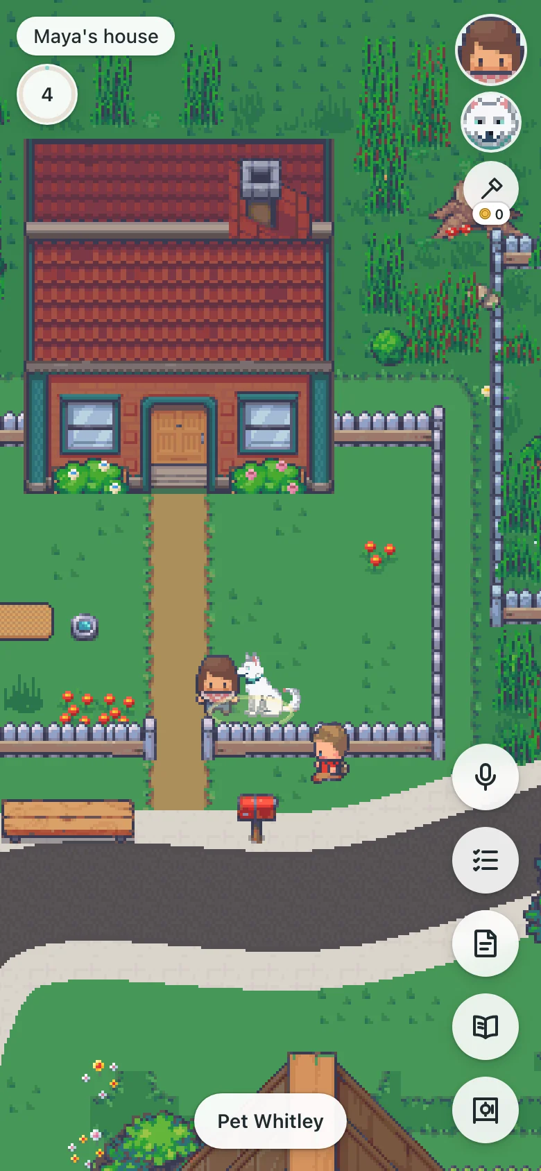 tly's pixel town, with Whitley by the house and neighbors on the paths.